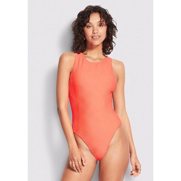 Seafolly Womens Orange Capri High Neck One Piece Bathing Suit Swim size 8 beach - Picture 1 of 6